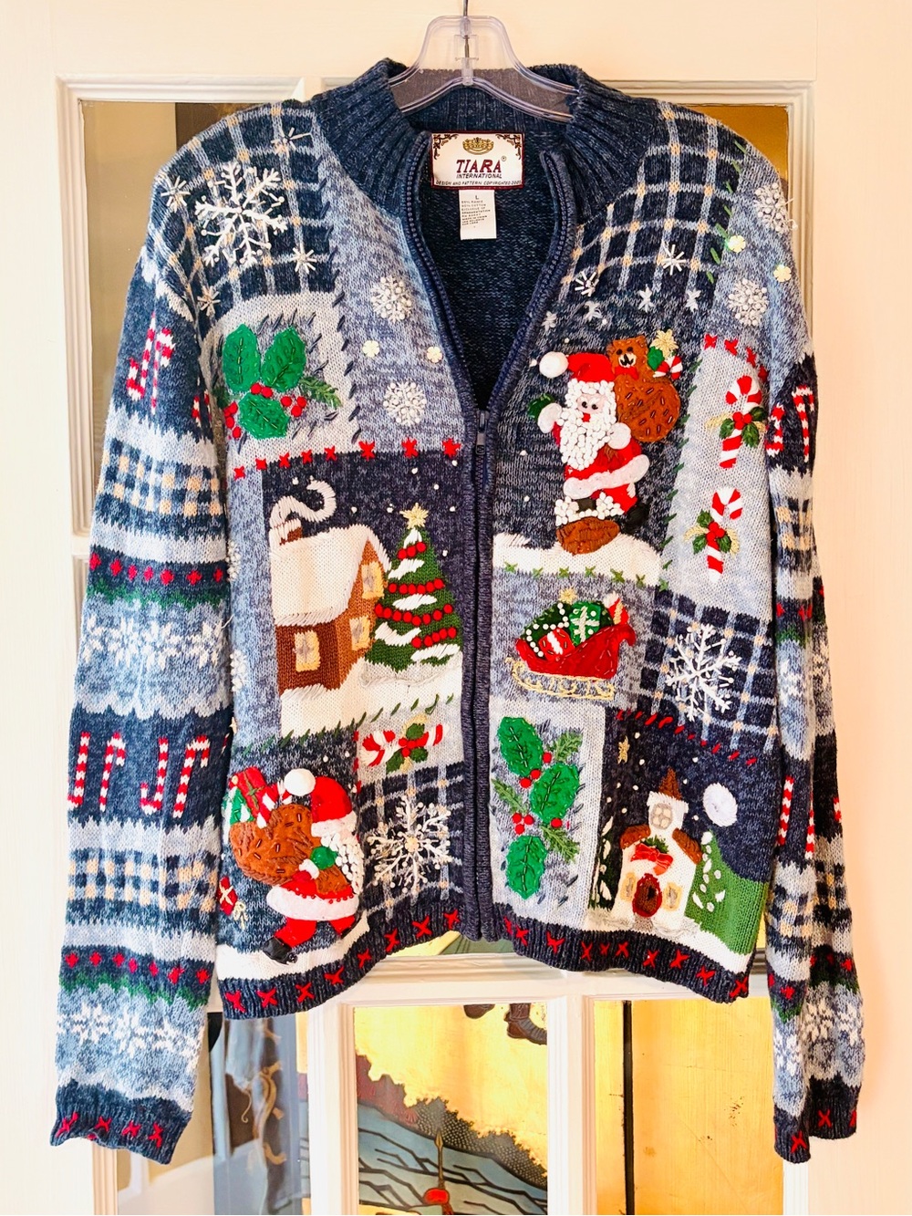 Vtg Tiara International Blue Christmas Cardigan Sweater L Patchwork Embroidery